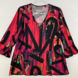 Snoskins Large V Neck Red Black Abstract 3/4 Ruffle Sleeve Stretch Knit Blouse
